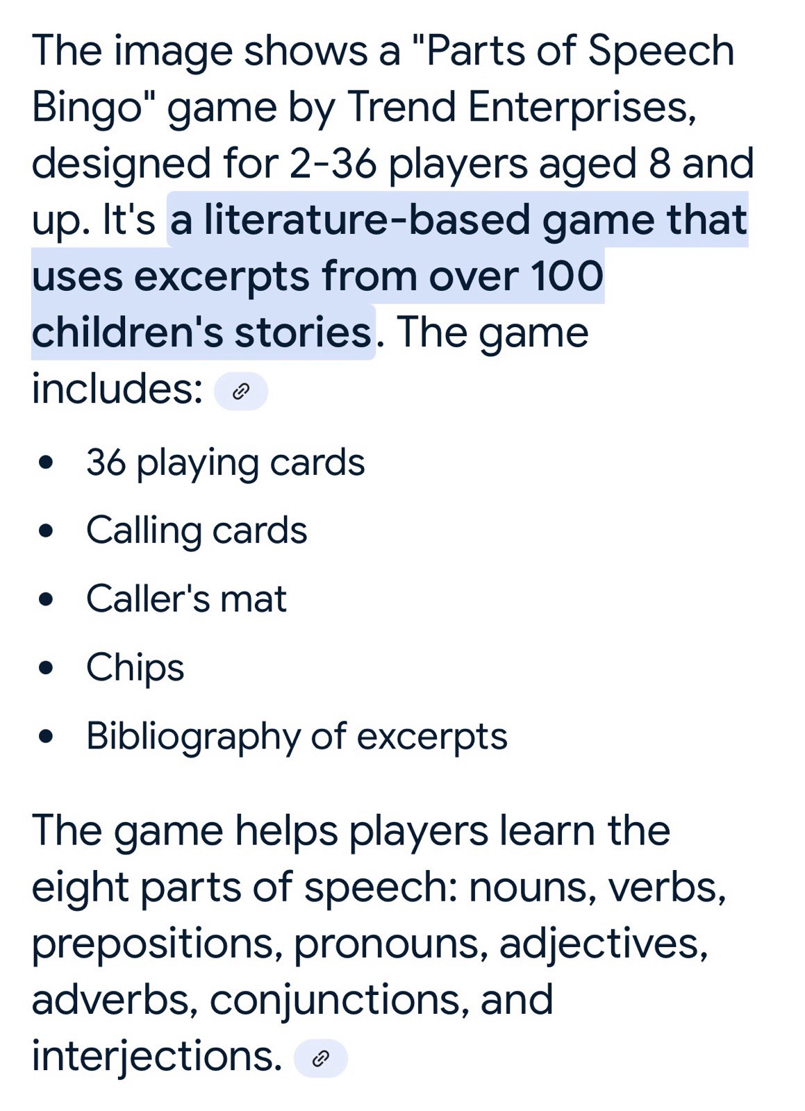 TREND Parts of Speech Bingo Homeschool Teacher Resource English Literature Game