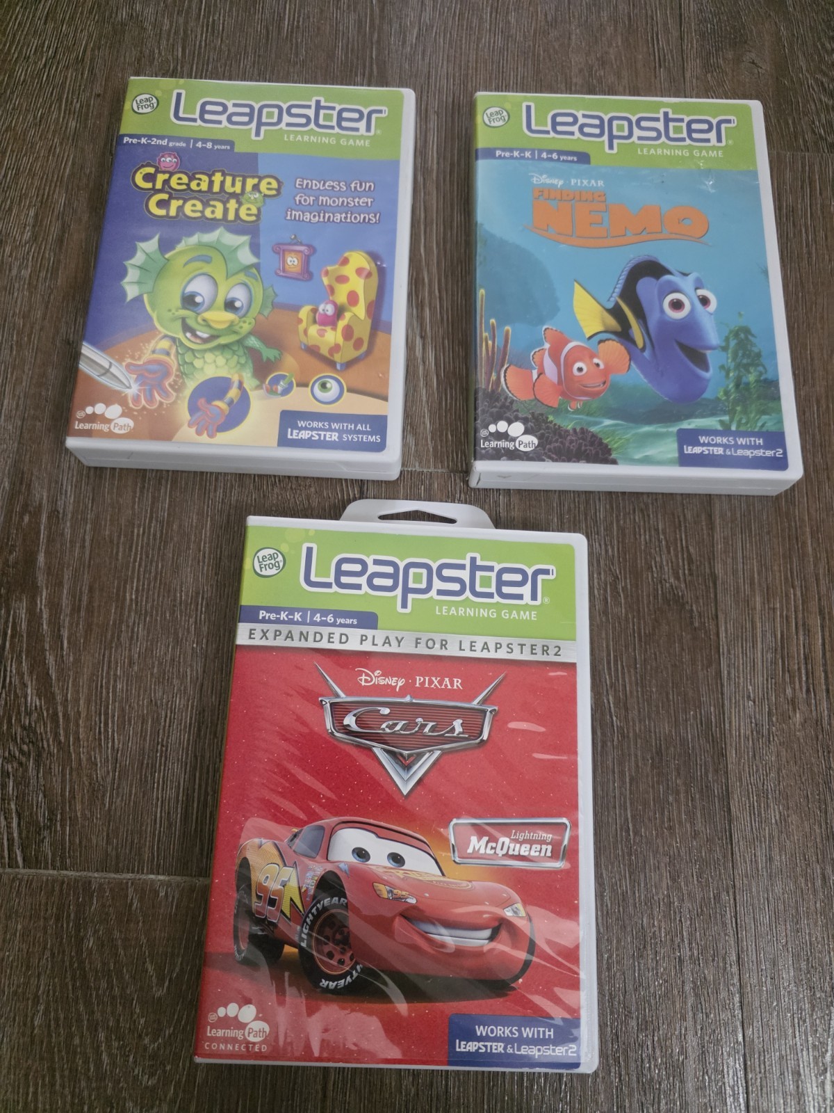 Leapster Games Lot Cars, Creature Create, Finding Nemo Age 4-6 Years Pre K