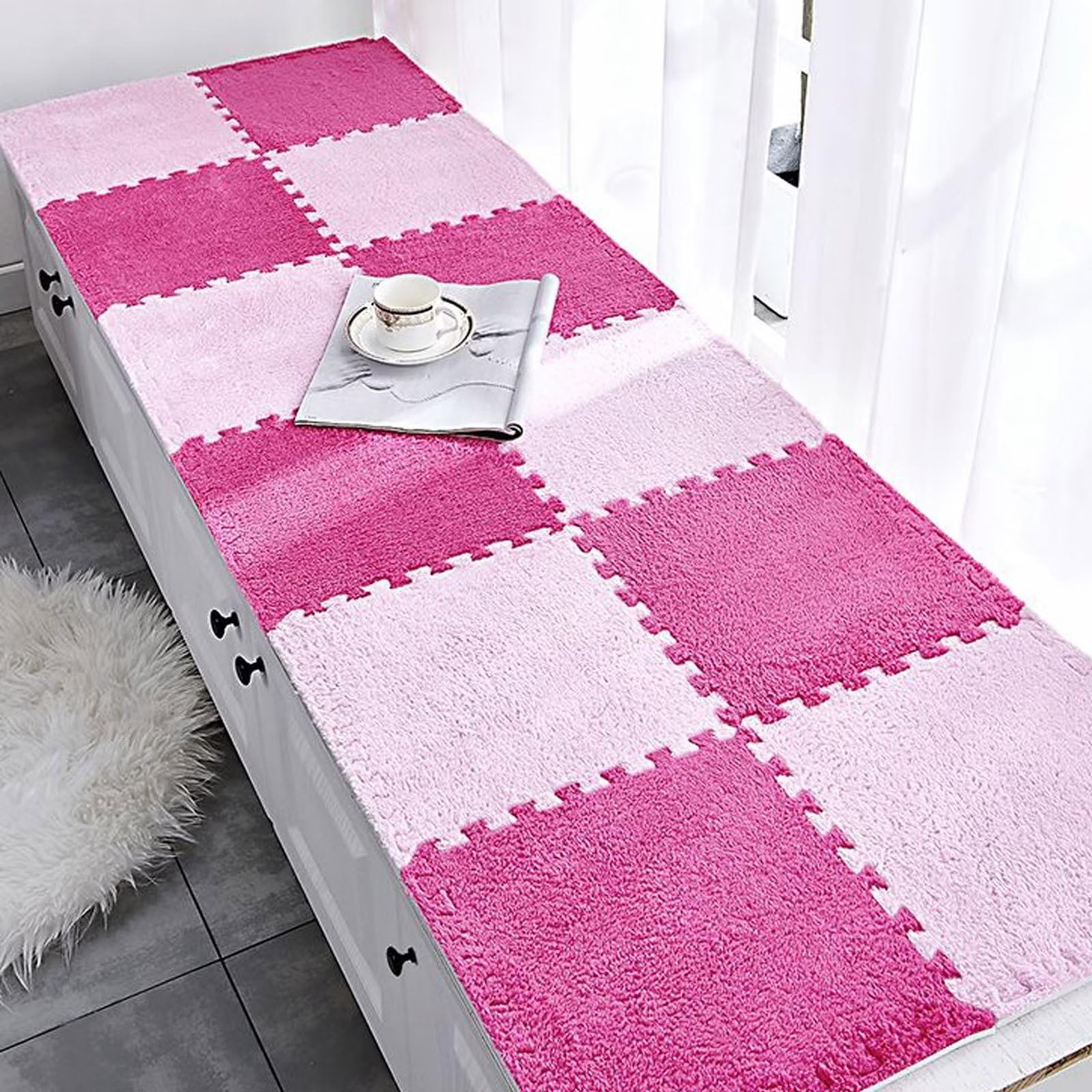 Typutomi 12pcs Plush Puzzle Foam Floor Mat, 55.7×55.7×0.55in, Rose Red&pink
