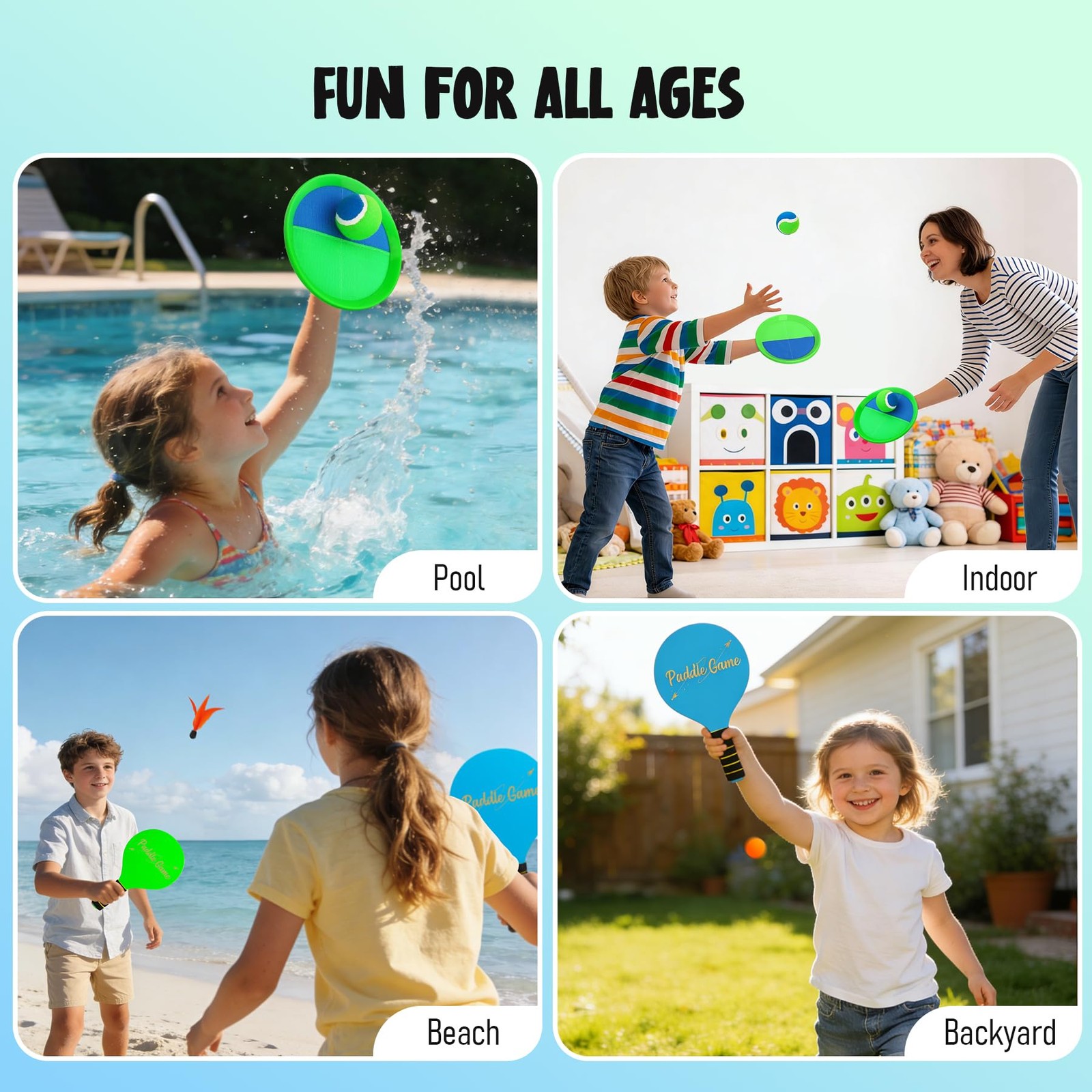 TEILLNET 2-in-1 Beach Paddle Ball and Toss 4 Paddles 4 Balls, Paddle-blue