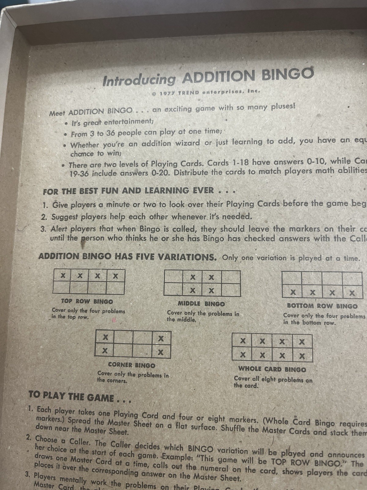 VTG 70s Addition Bingo Game 36 Players Educational Homeschool Learning