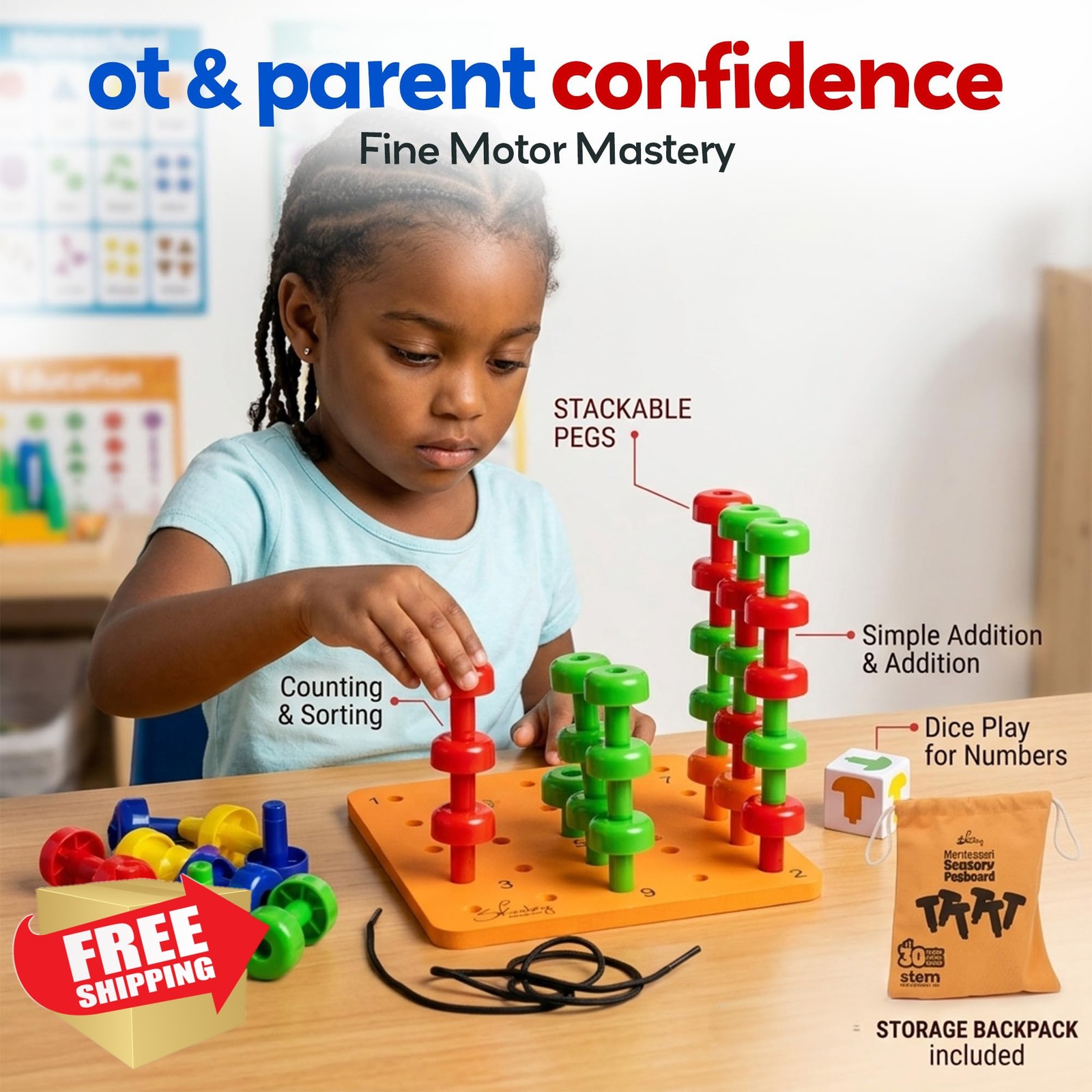 Skoolzy Montessori Pegboard 34pc Set