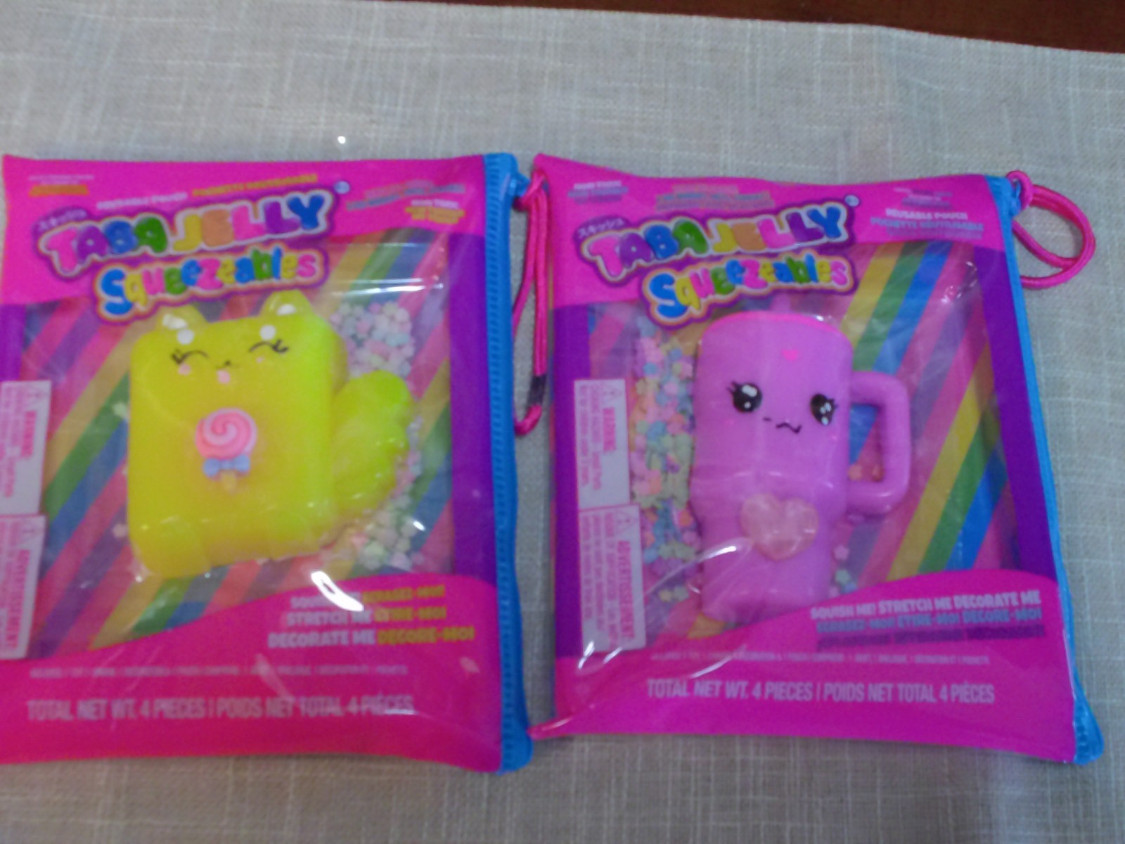 2 Taba Jelly Squeezeables YELLOW Cat & PINK Mug Squishy, SCENTED Squeeze Toy