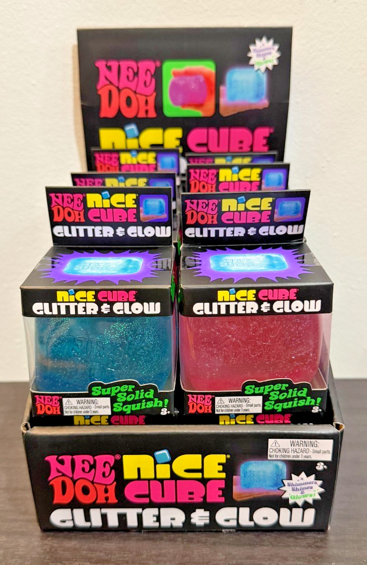 NeeDoh Nice Cube Glitter & Glow Lot of 12 Full Case with Display Box Blue & Pink