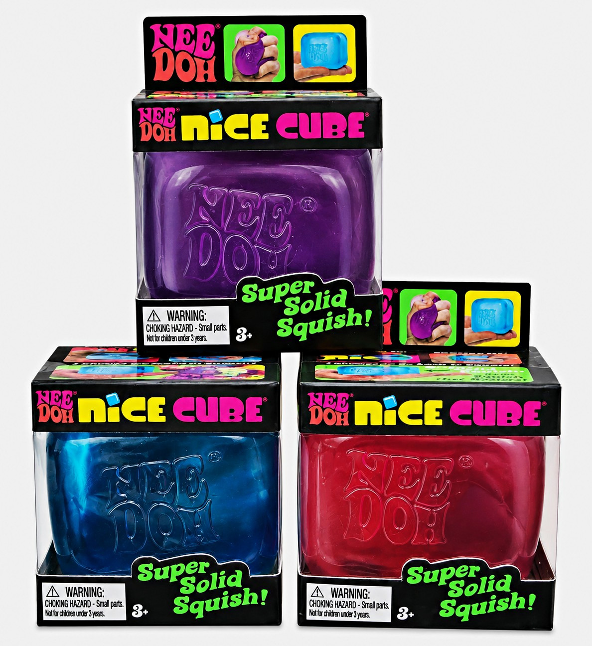 Nee Doh Super Solid Squish Nice Cube Squeeze Ball Maltose Purple/Blue/Red