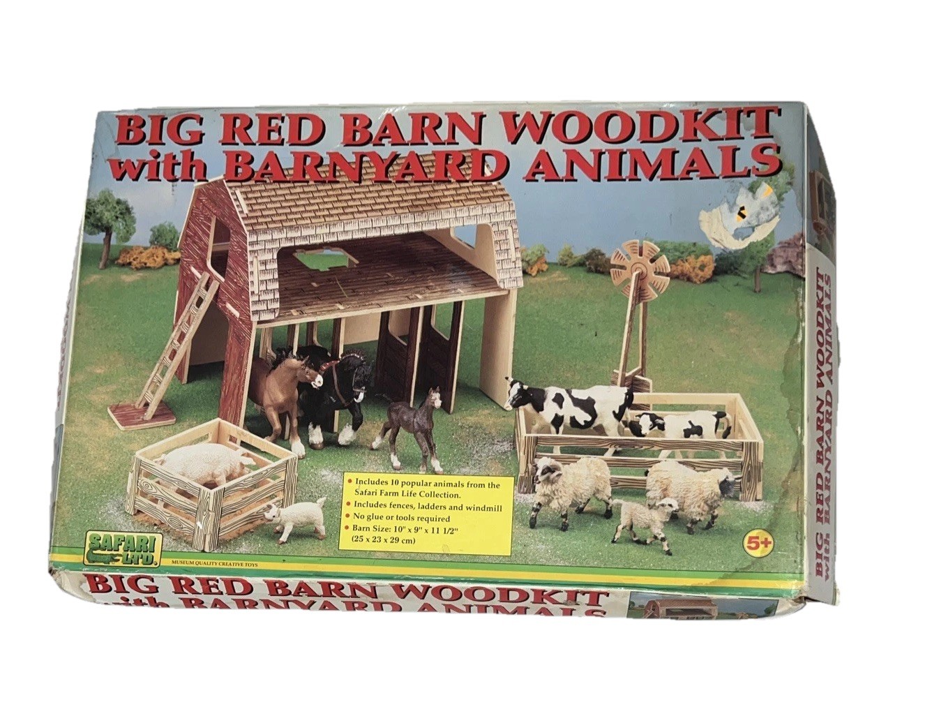 Rare! Vtg Safari Ltd BIG RED BARN WOODKIT w BARNYARD ANIMALS NEW DAMAGE BOX 1993