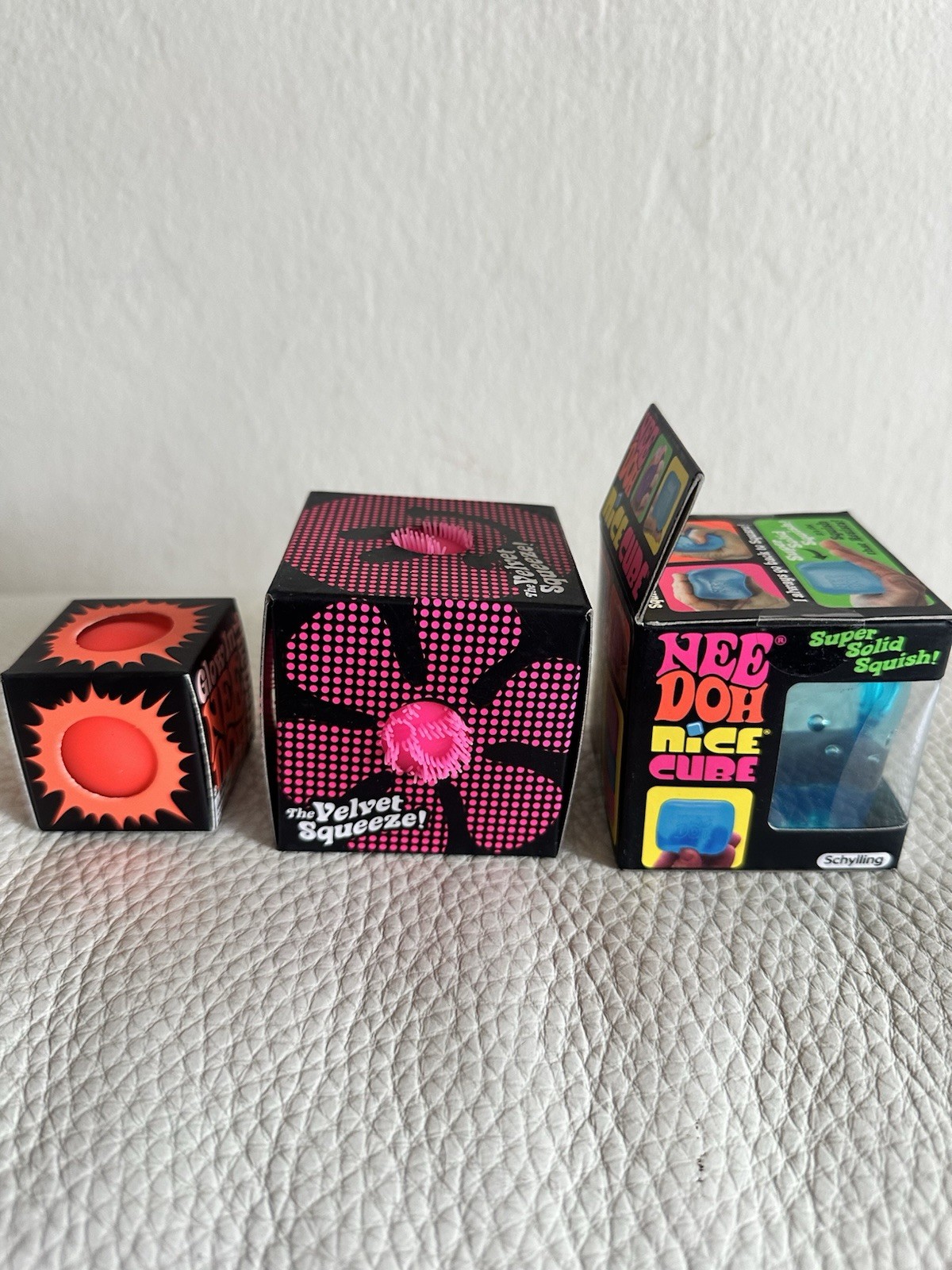 Set of 3 Schylling NeeDoh Squeeze Toys Glow In The Dark, Fuzz Ball, & Nice Cube