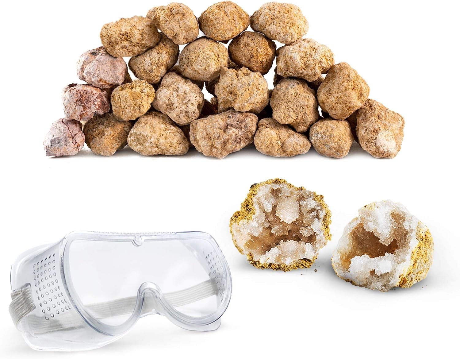Premium Moroccan Geode Kit, 25 Large 1″-3″ Geodes, Safety Goggles
