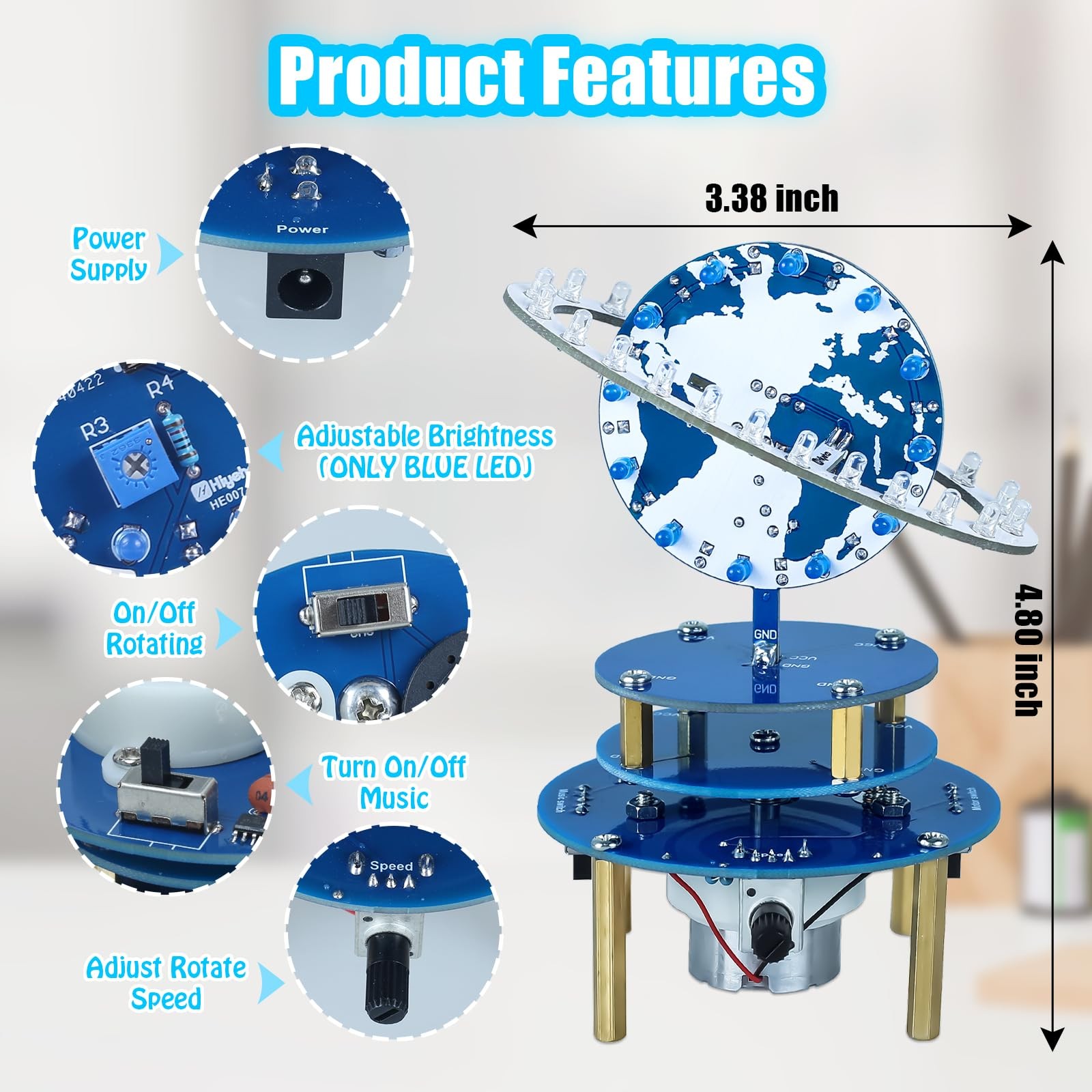 DIY Soldering Kit, Rotating Planet Globe with LED Light & Music, Adjustable B…