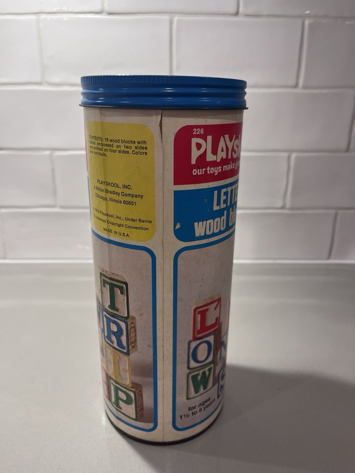 Playskool Letter Wood Blocks Set in Original Canister Blue Lid MPN 226