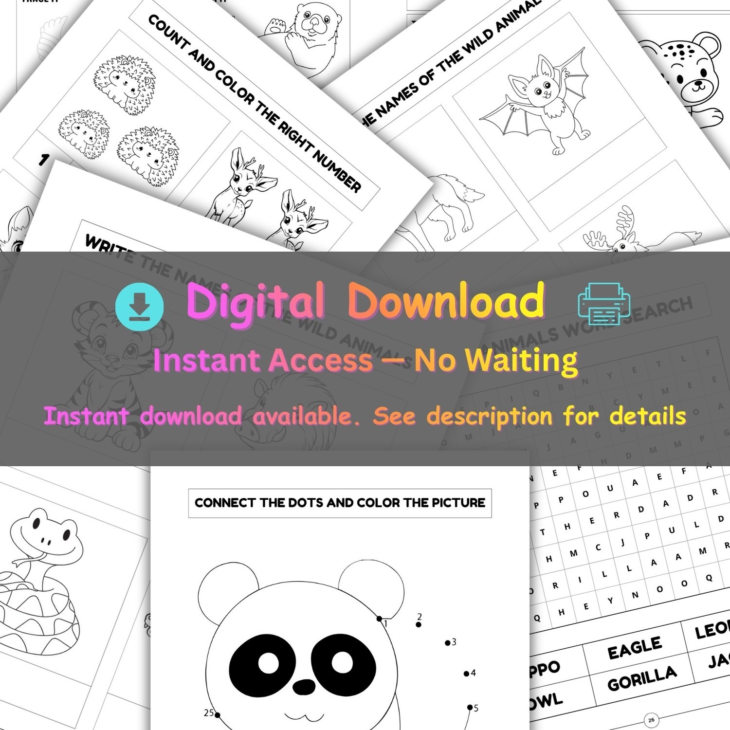 Wild Animals Activity & Coloring Book for Kids – Printable Workbook