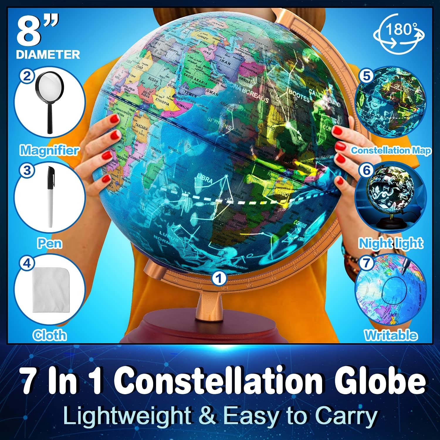 Illuminated 7-In-1 World Globe with Wooden Stand and LED for All Ages