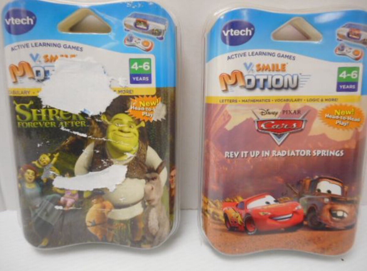 NIB – 2 V-Tech V-Smile V-Motion Active Learning System Games Shrek & Cars Games