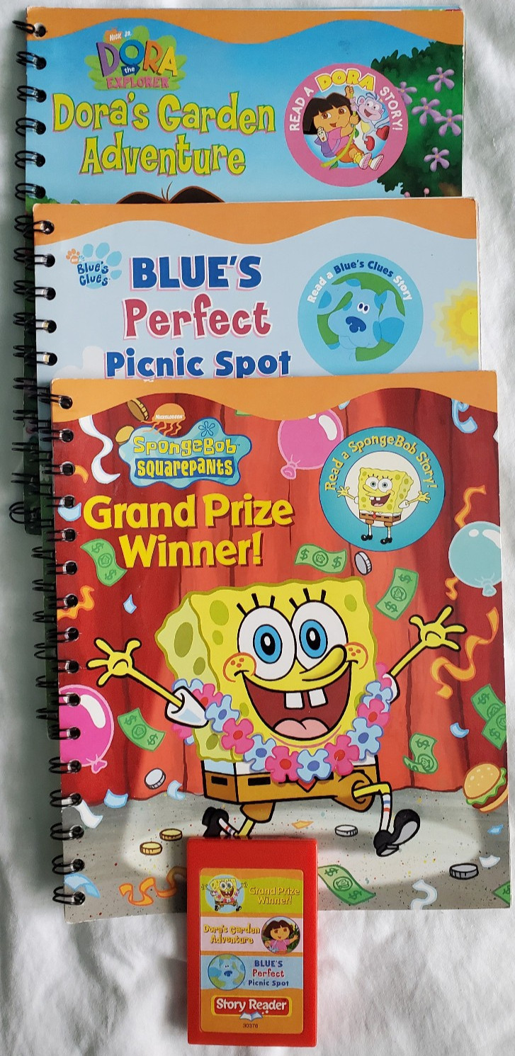 Story Reader System Lot-14 Books-7 Cartridges-Backback-Disney, SpongBob More
