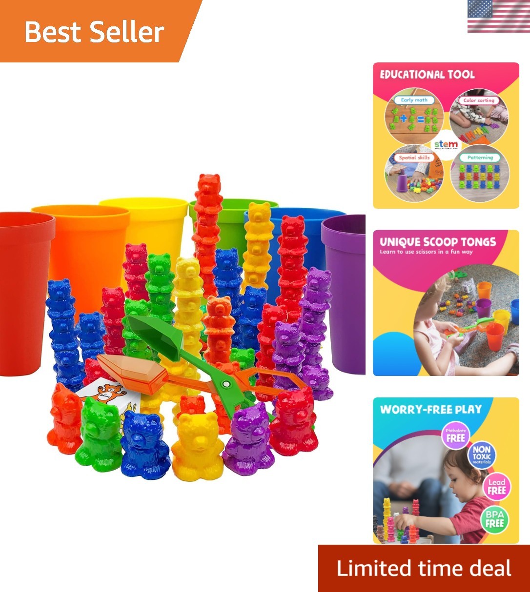 Rainbow Stacking Bears with Matching Sorting Cups 69 Piece Set, 60 Bear count…