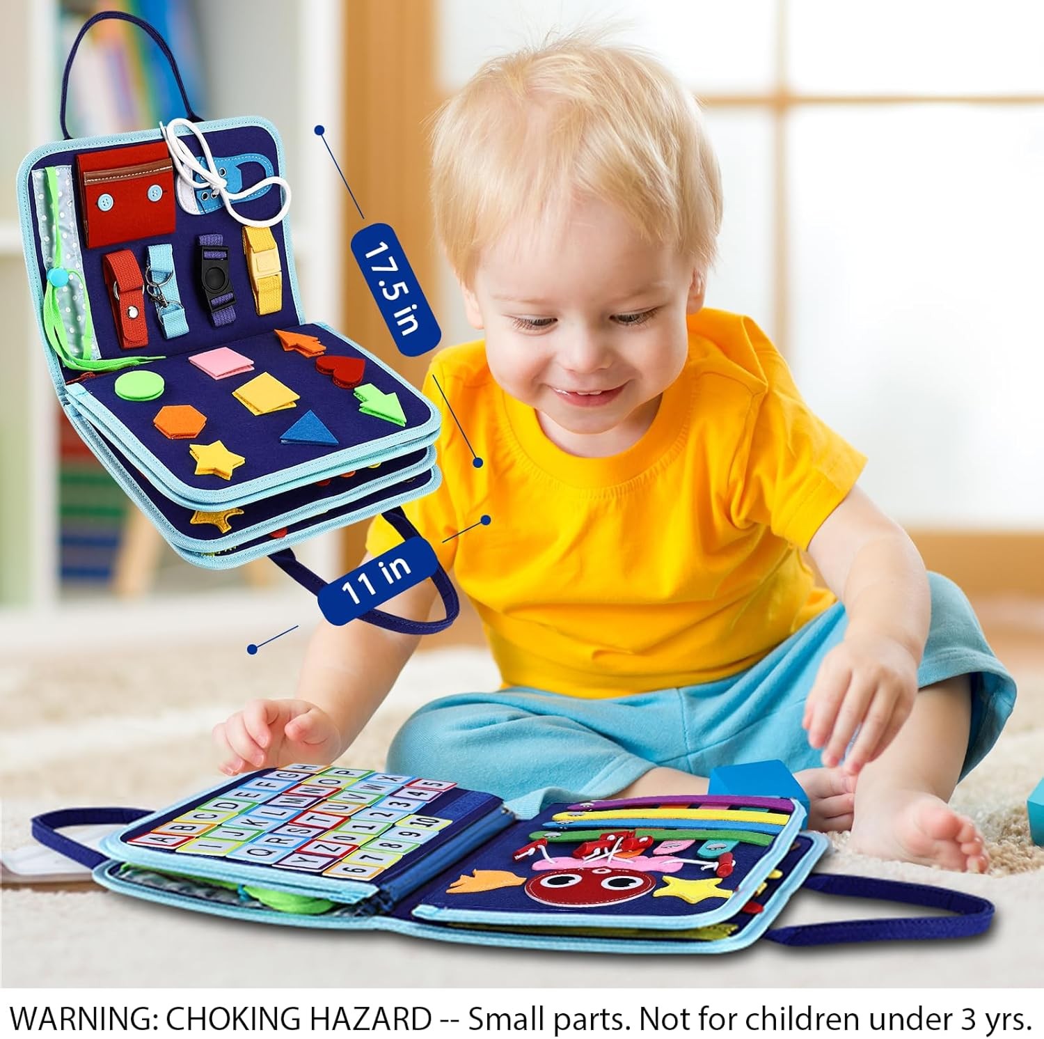 Esjay Toddler Busy Board Montessori Sensory Book Blue Dinosaur Fine Motor Skills
