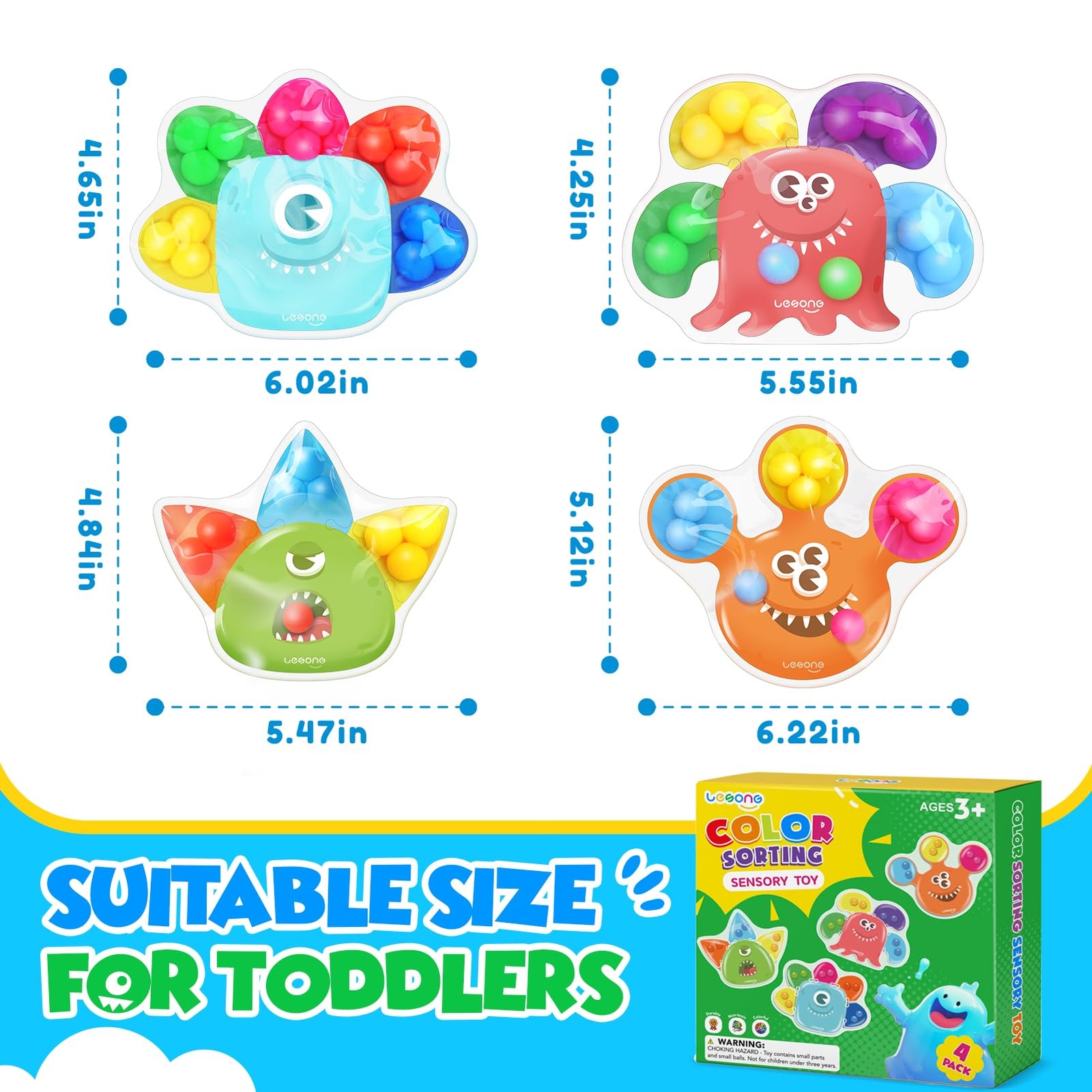 Sensory Fidget Toys for Kids Toddlers: 4 Pack Color Sorting Small, Multicolor