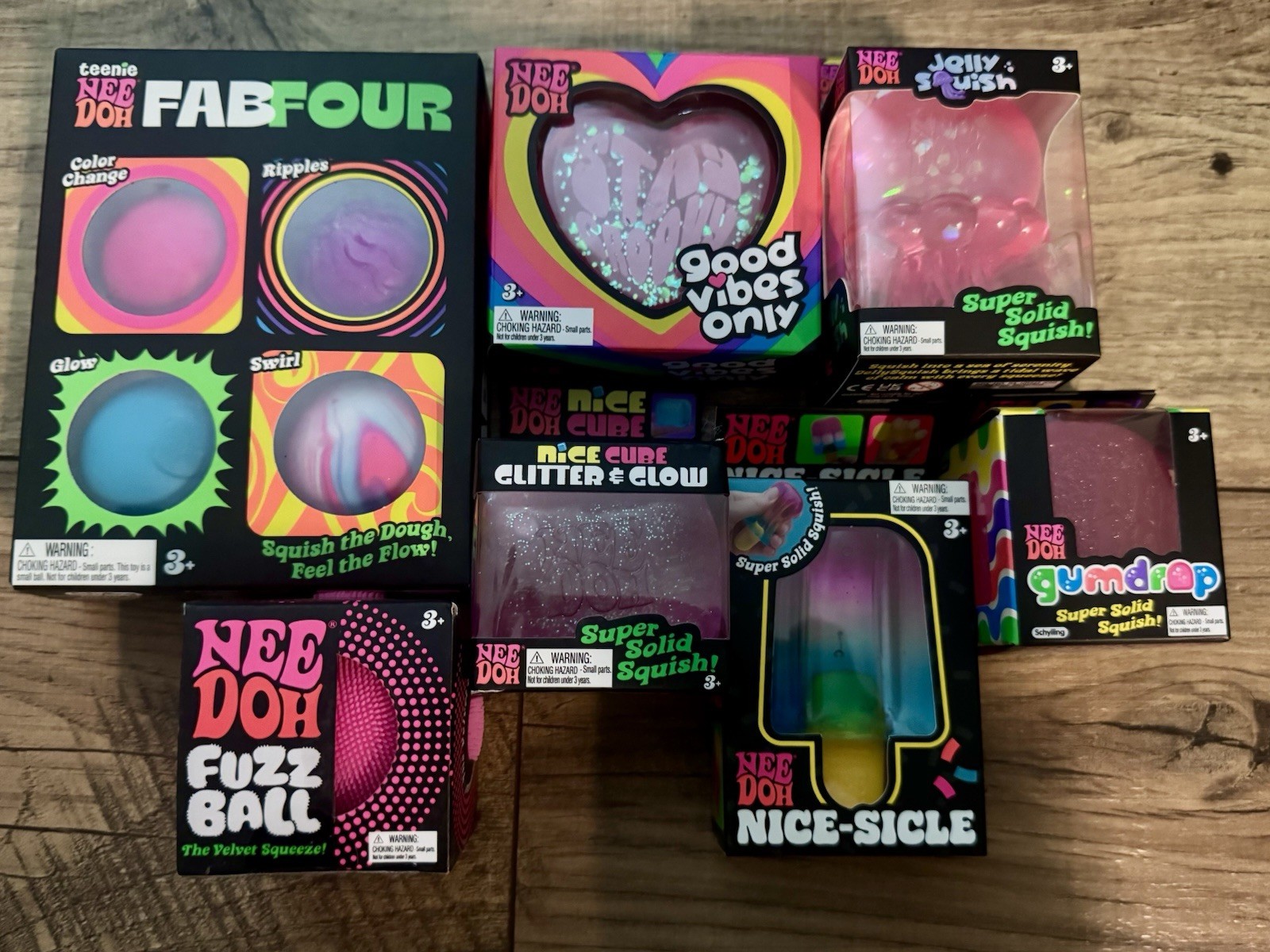NeeDoh Bundle-Fab Four, Jelly Squish, Heart, Fuzz Ball, Nicesicle, Gumdrop, Fuzz