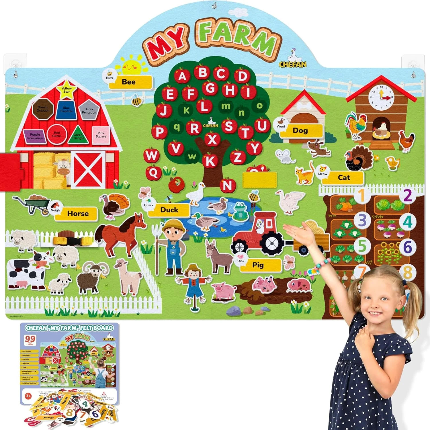 CHEFAN 99 Pcs Farm Animals Felt Story Board Set, 3.9 Ft Preschool Farmhouse Barn