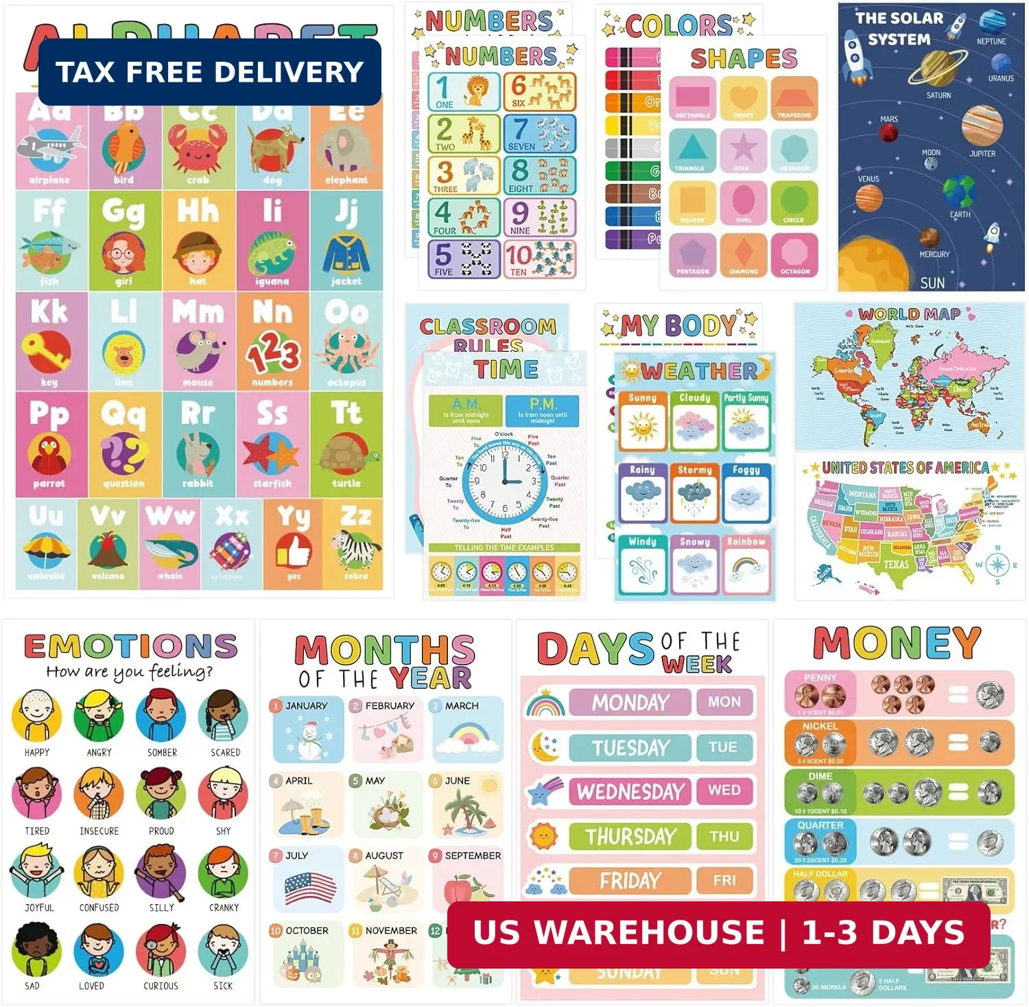 16 Educational Posters for Toddlers, Laminated Classroom Learning Posters, FAST