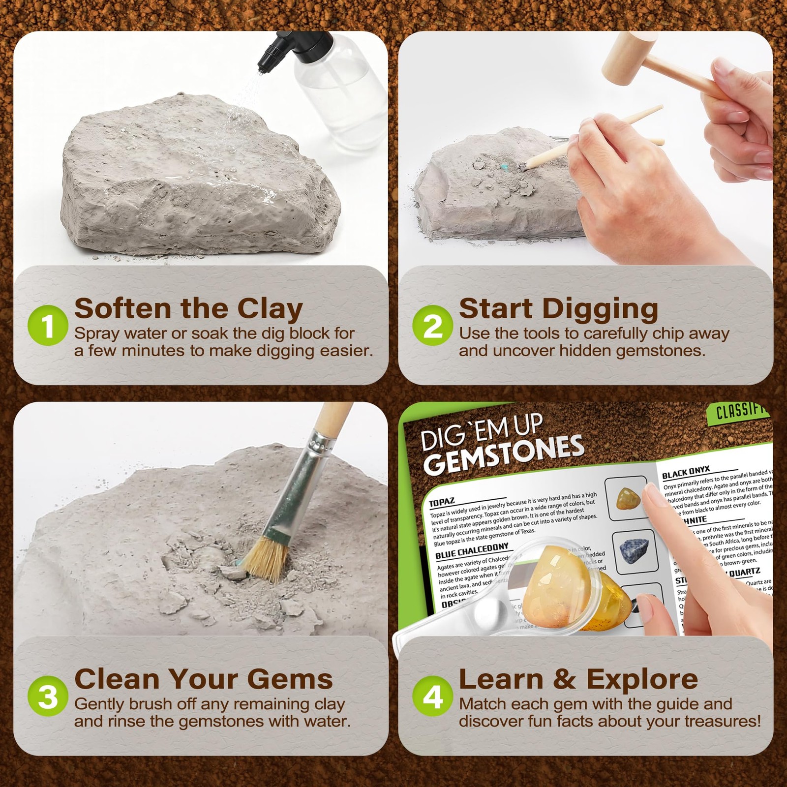 Gemstone Dig Kit, Excavate 20 Real Gems, Science Kit for Kids Age 8-12,