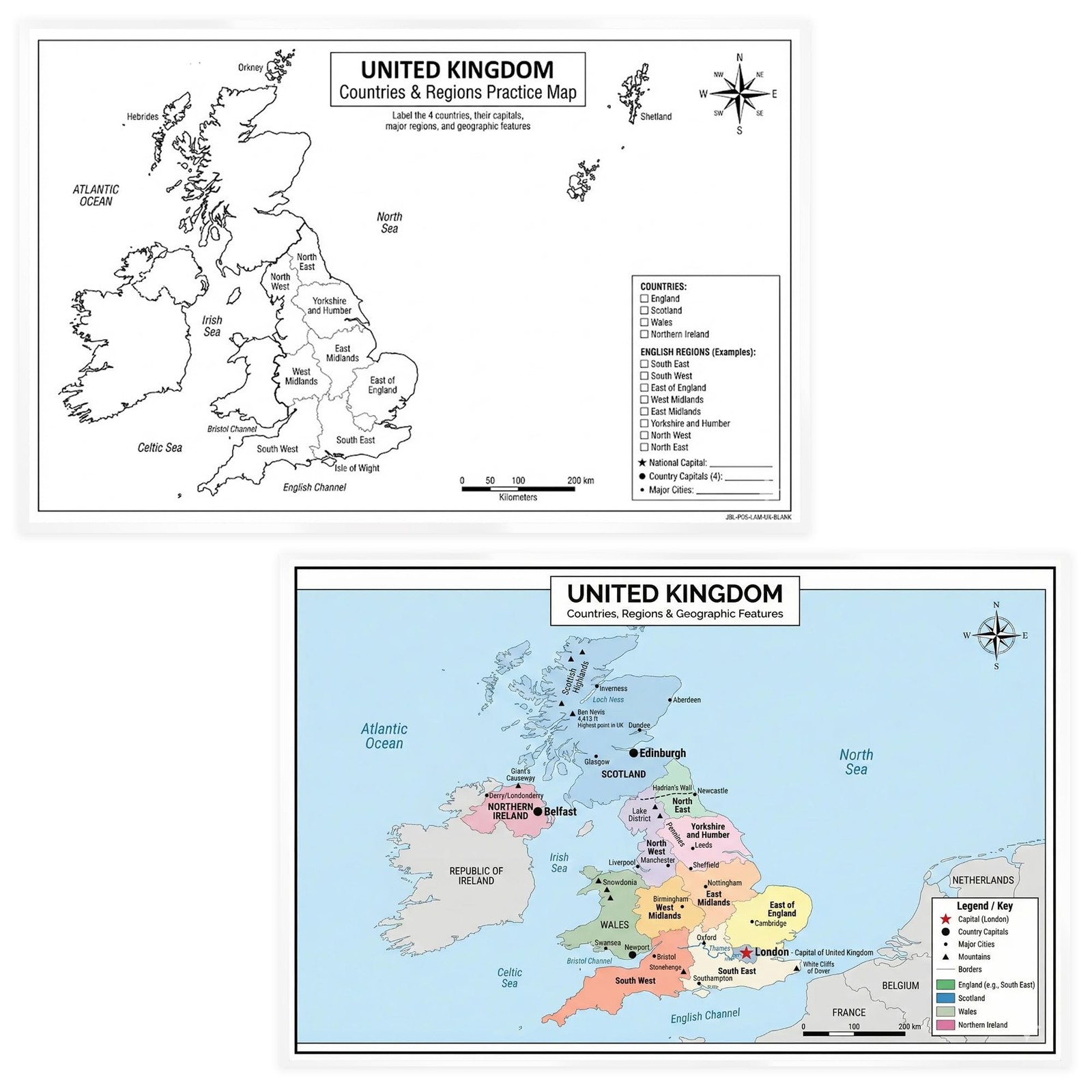 United Kingdom Poster 11×17 | Laminated Double-Sided Geography Chart with Col…