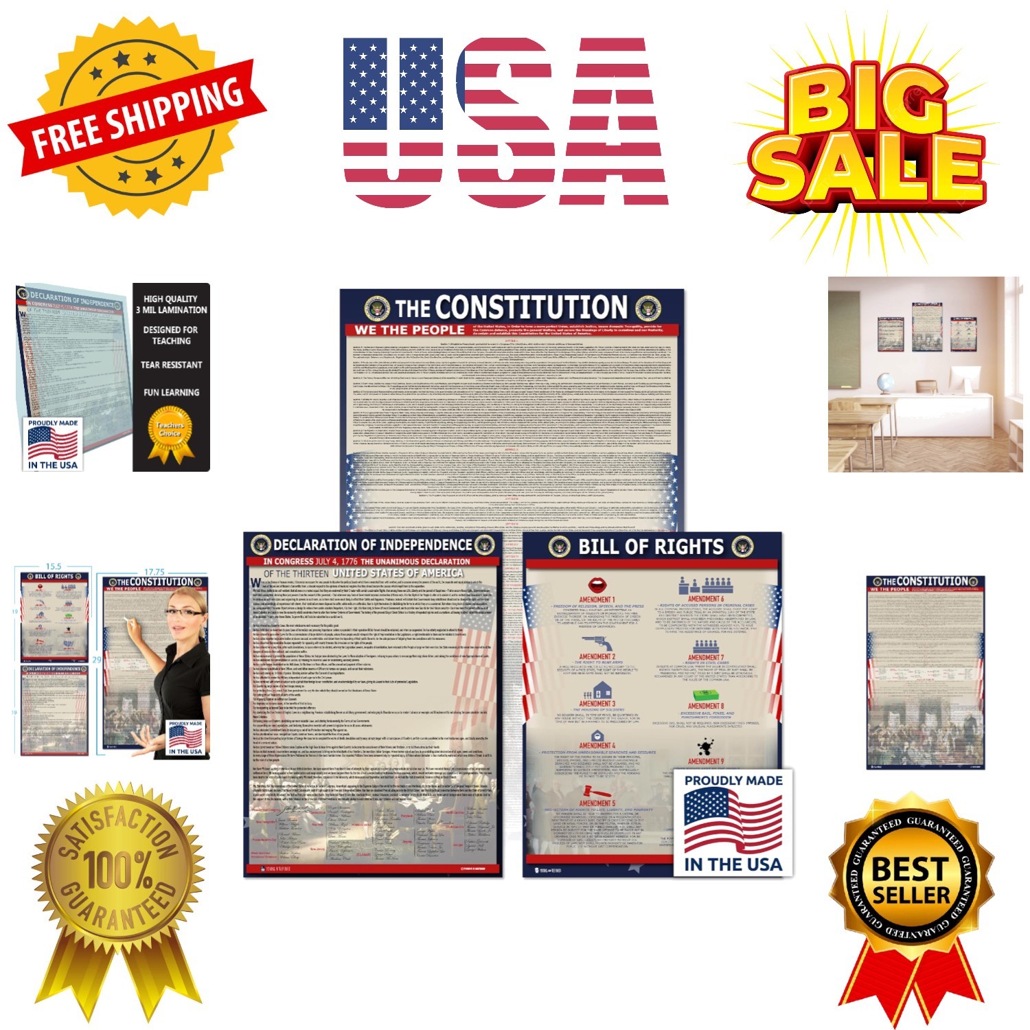 American Founding documents LARGE Laminated 3 pack: Constitution with all am…