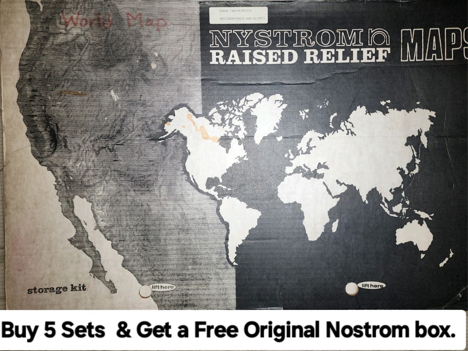 Rare Pair of Vintage A.J. Nystrom 3D Raised Relief USA & World Maps ca. 1960 NOS