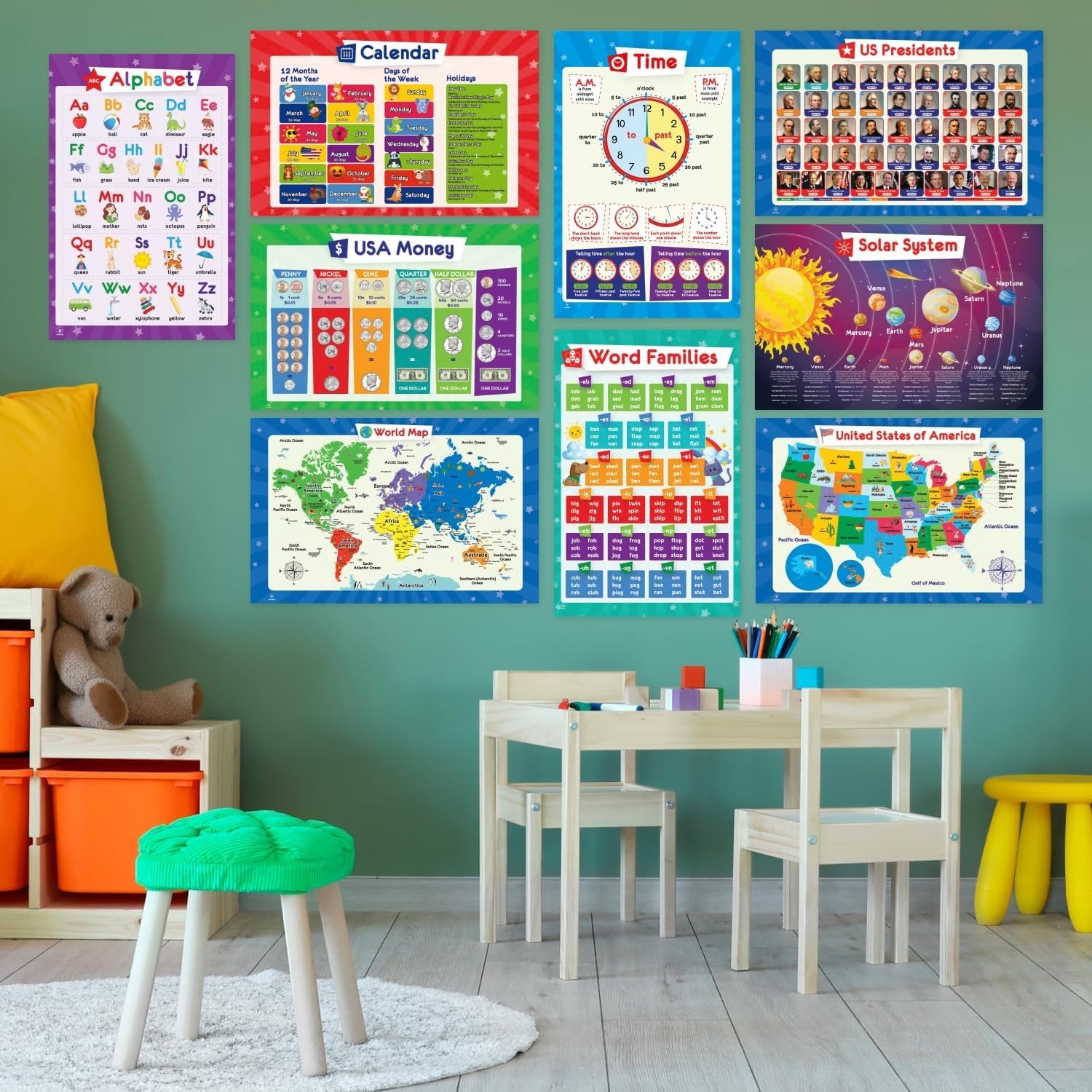 32 Educational Posters Set for Kids, 17×11 Classroom Wall Art & Learning Charts