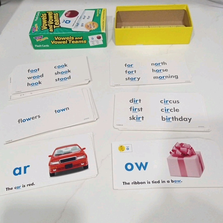 PHONICS Vowels & Vowel Teams Skill Drill 72 Flash Cards 3″x6″ Ages 6+ Homeschool