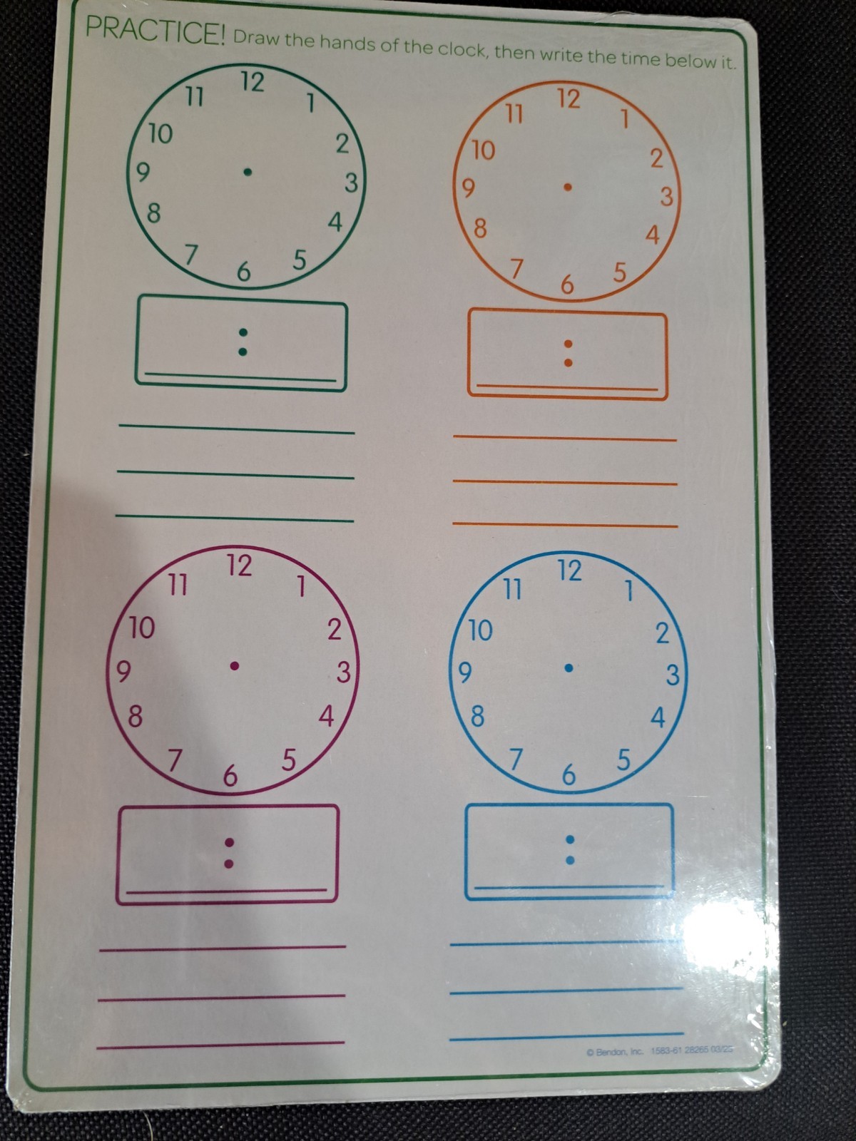 Bendon Telling Time dry erase board, 2 Sided, 6inch.x 9inch.- NEW