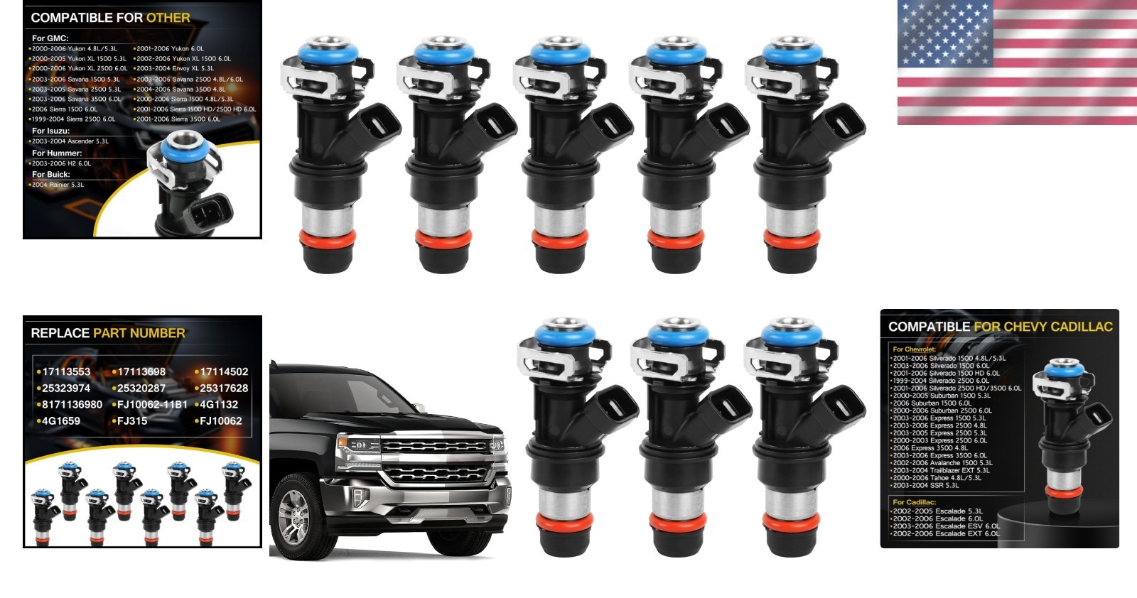 4.8 5.3 6.0 Fuel Injector 4 Holes 8Pcs, Compatible with 1999-2006 Chevrolet Silv