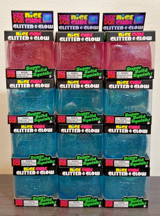 NeeDoh Nice Cube Glitter & Glow Lot of 12 Full Case with Display Box Blue & Pink