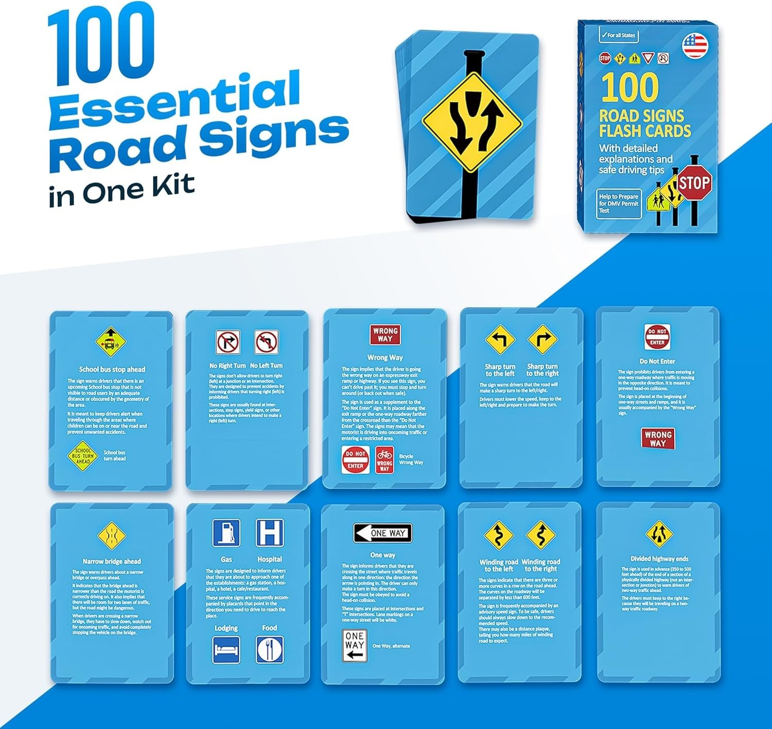 Educational Flash Cards for Teens – 100 Common US Traffic Signs & Safe Driving