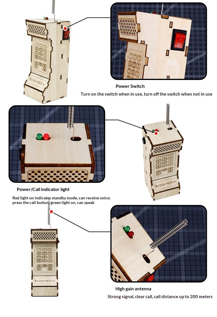 DIY Wooden Walkie Talkie Kit Assembly STEM Toy for Kids Teens Retro Style Gift