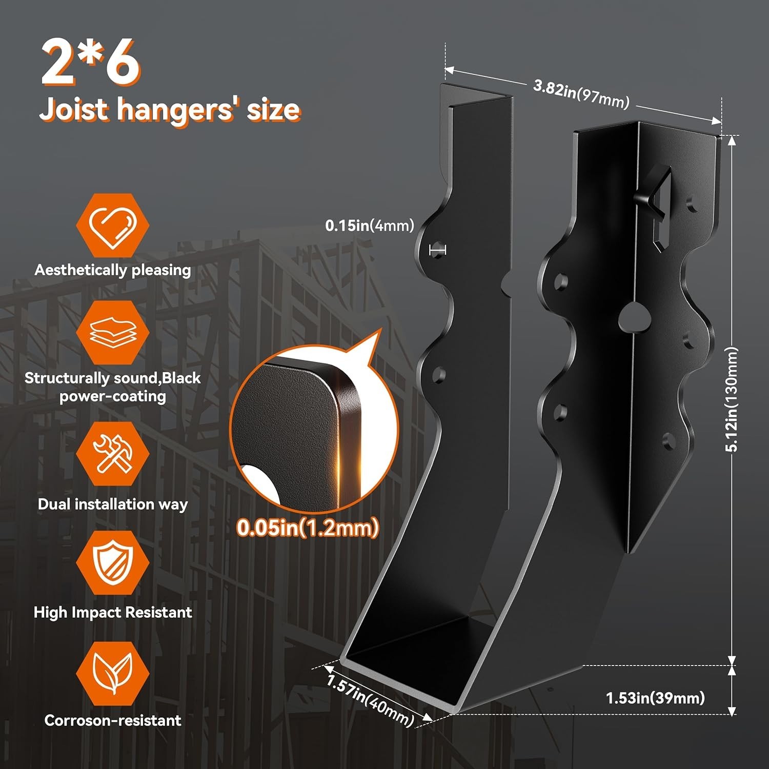 25 Pcs Black 2×6 Joist Hangers for Wood, Rafter Brackets, face Mount 2×6 Joist