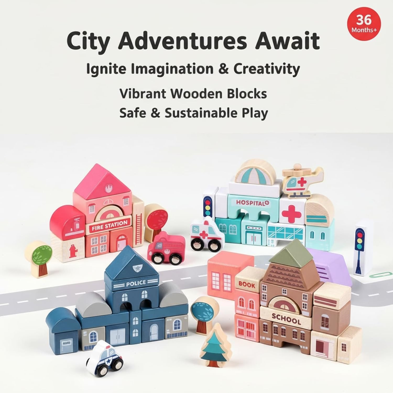 Migargle Wooden Building Blocks Set, 115 Pcs City Construction Stacker Stacking