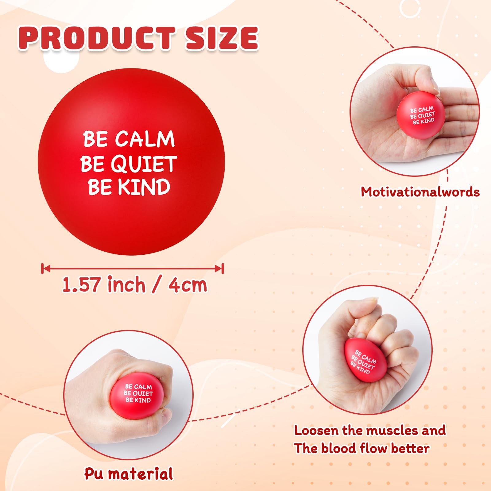 SHQDD 100PCS Motivational Stress Balls for Adults and Kids – 1.57 inches, Red