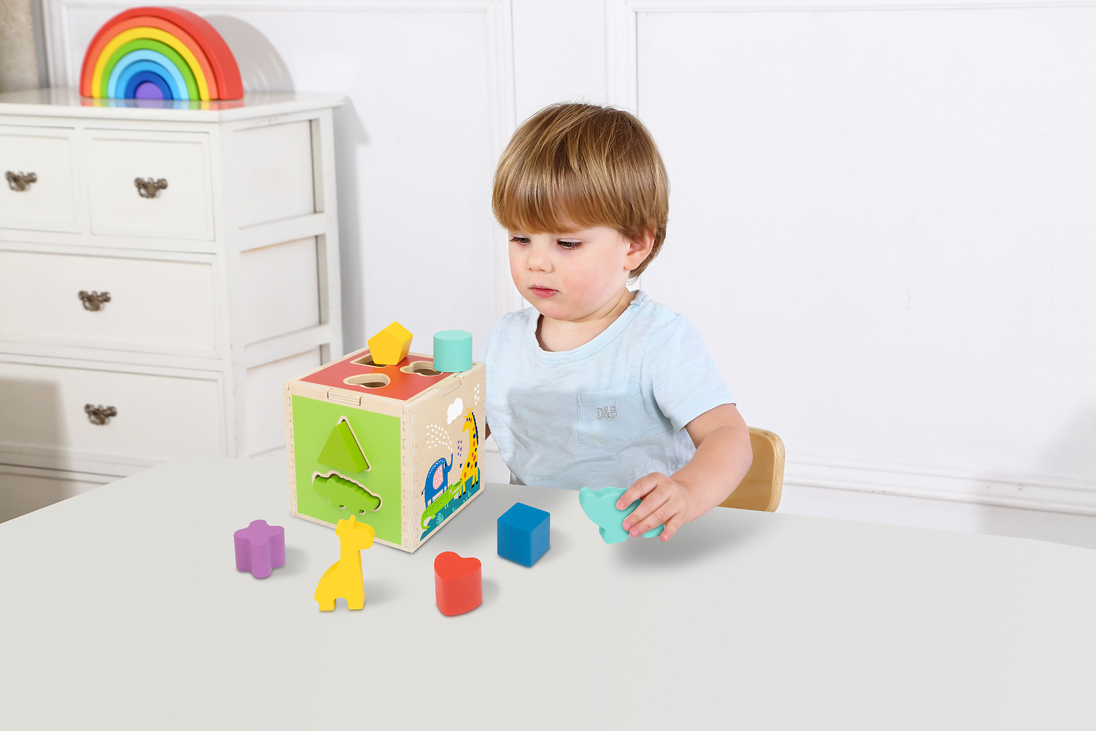 TOOKYLAND Wooden Shape Sorting Cube – Toy with Animal and Geometric Blocks, 12m+