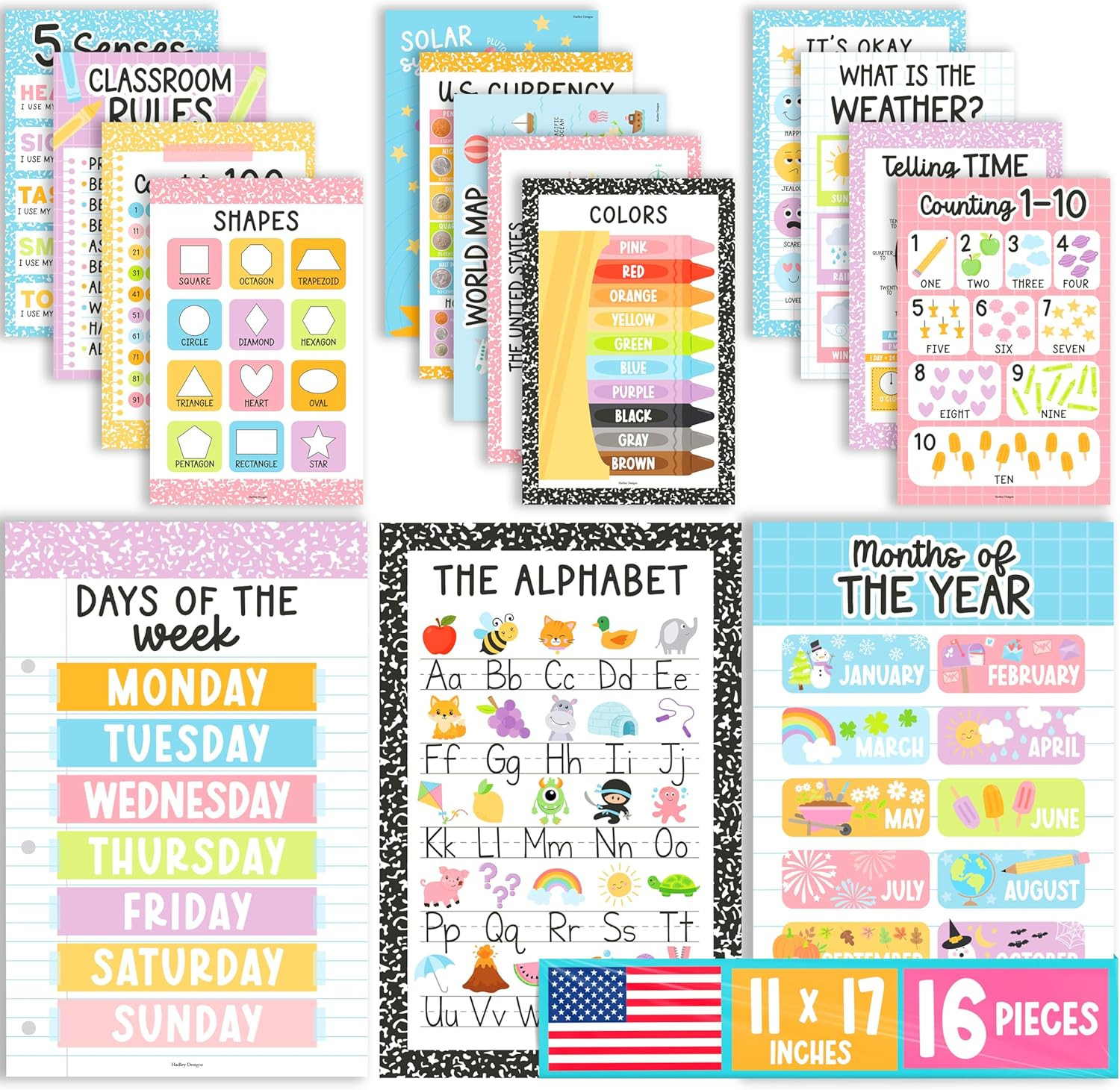 16 Educational Posters for Classroom Must Haves – Laminated Pre-K Posters for To