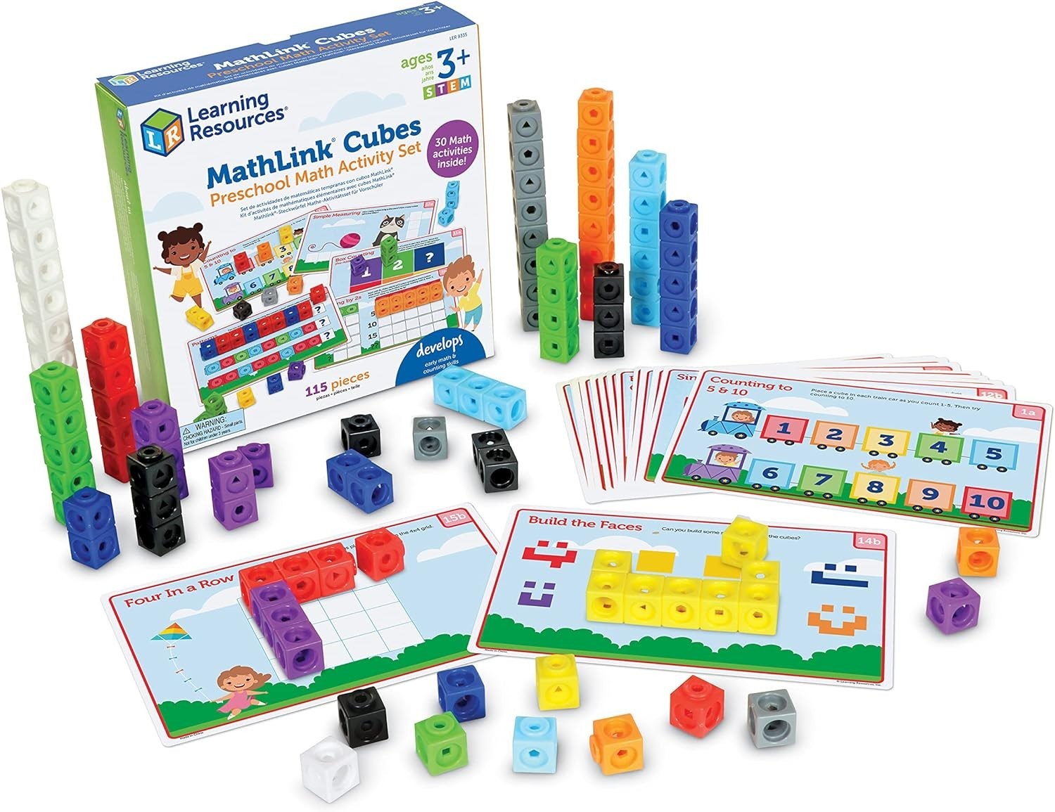 Preschool Math Activity Set with 100 Colorful Cubes and 15 Double-Sided Cards