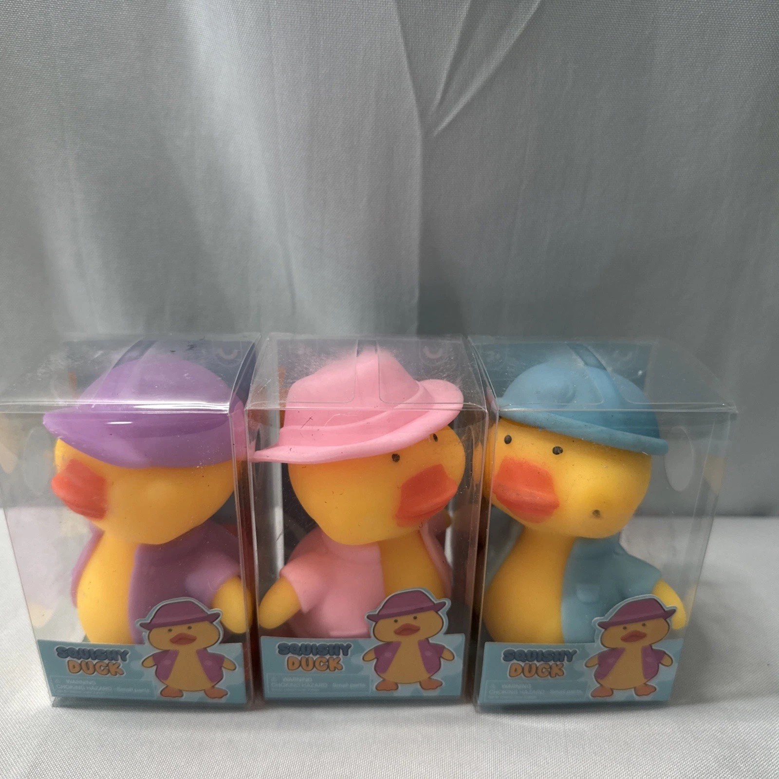 Set of 3 Squishy Duck Sensory Toys Pink -Blue Purple Hat and Jacket Vital TikTok