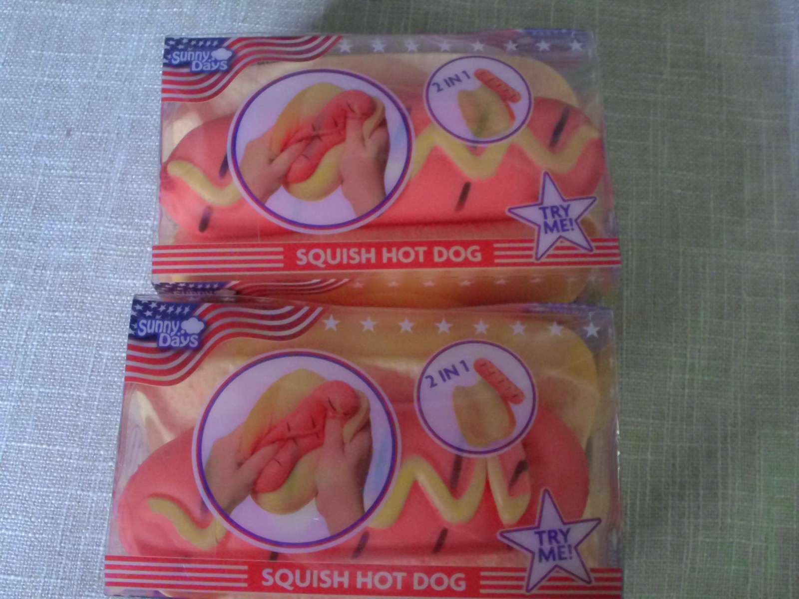 2-Squishy Hot Dog Squeezy Fidget Toy Sunny Days 2-in-1 Hotdog Stress Relief NEW