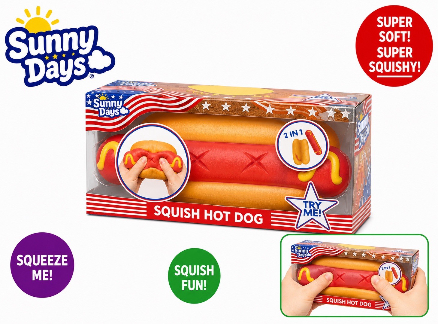 Sunny Days Hot Dog Squishy Squeeze Toy, Red/Yellow/Orange, Ages 4-7