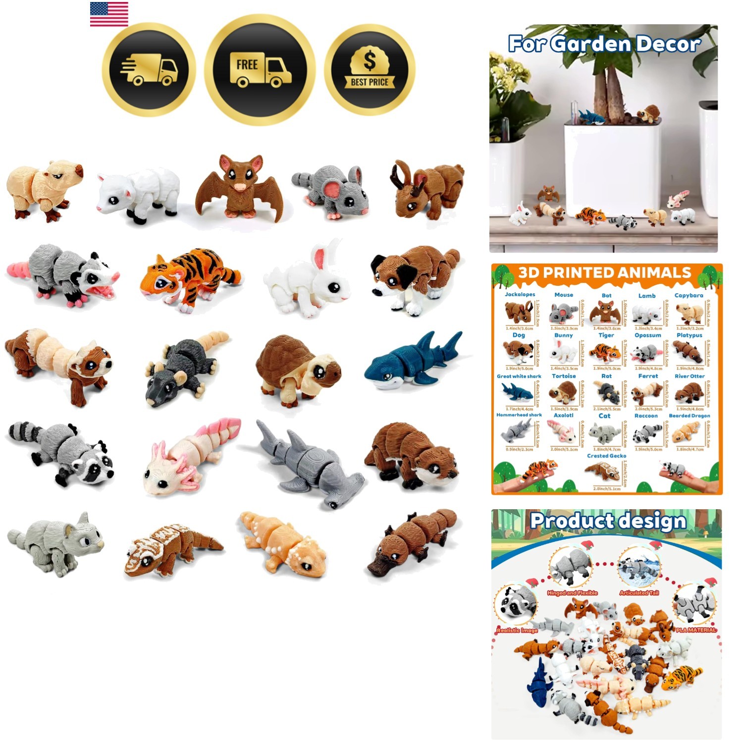 Animal Figurines Set Miniature 3D Printed Collectibles Movable Joints Decor