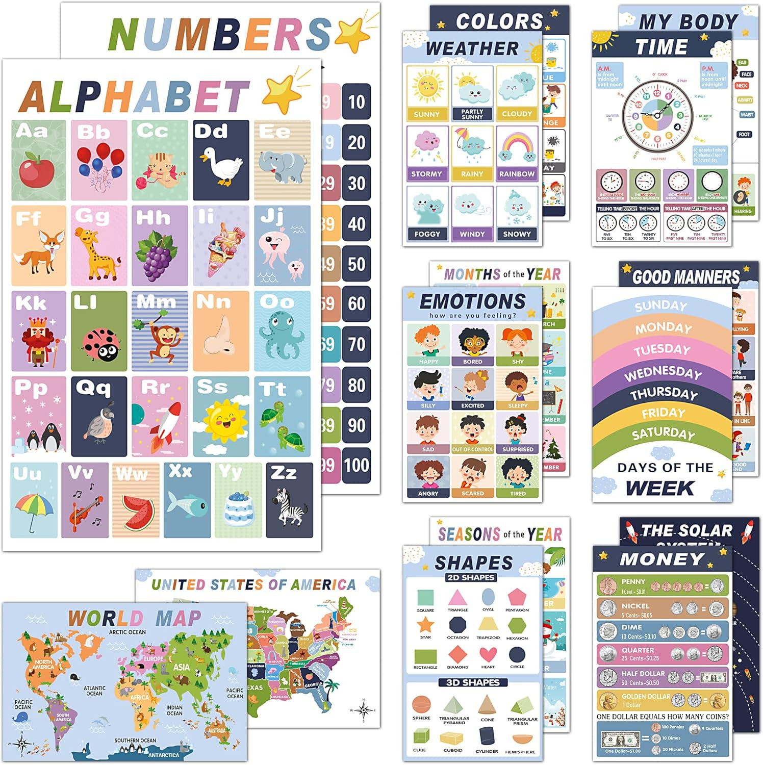 16 Educational Posters for Preschool & Kindergarten, Laminated Classroom Charts