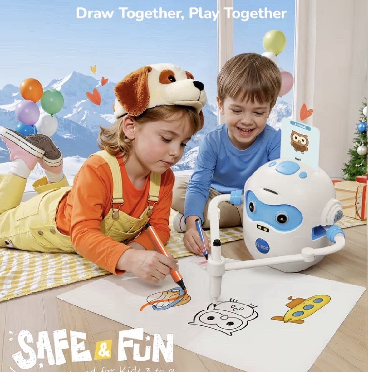 QIBOX Kids Drawing Robot Electronic Learning Toy Set w/ Cards & Markers 3+