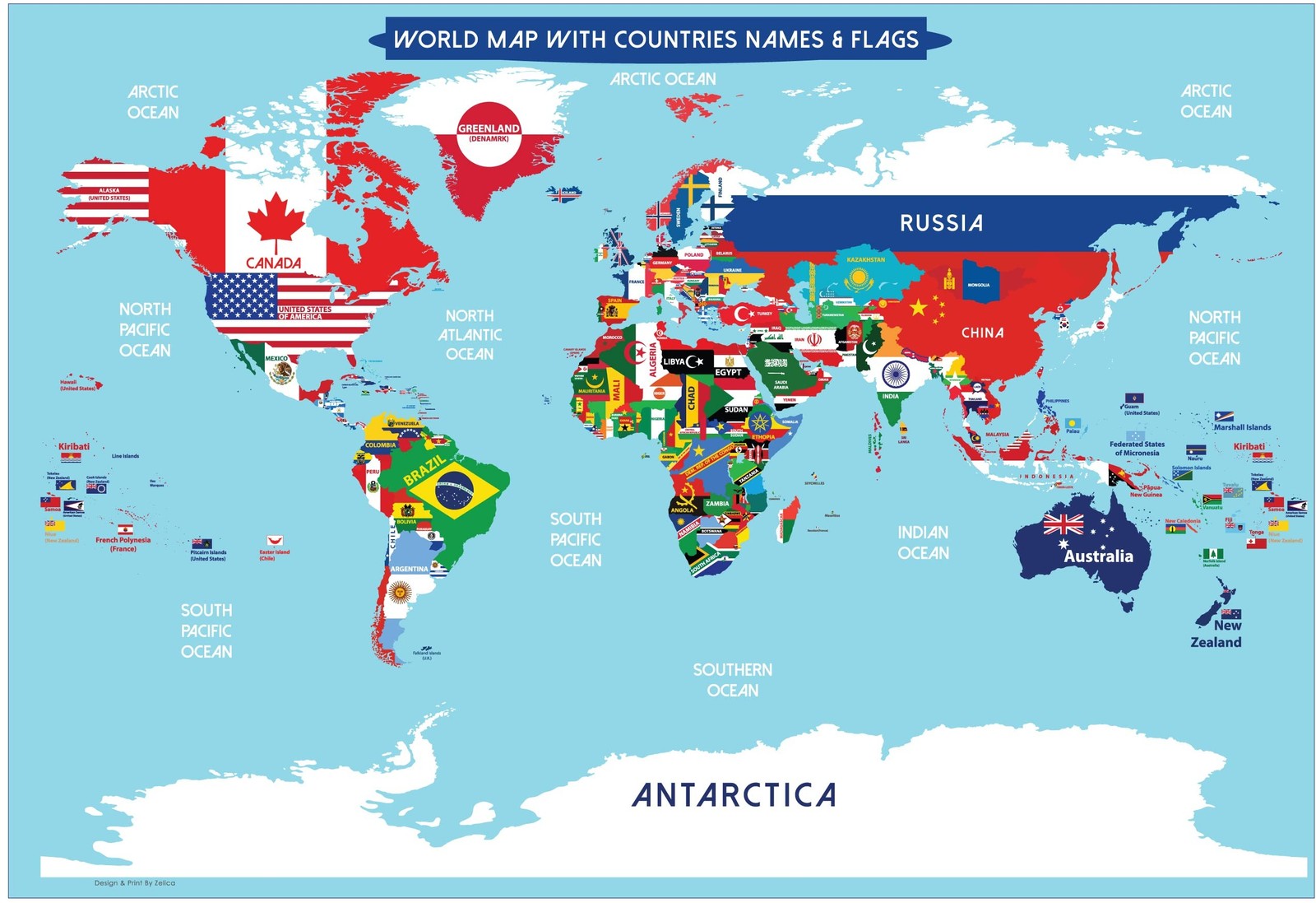 World Map Poster with Countries FLAGS For Kids (SMALL size13x19 World Map Lam…