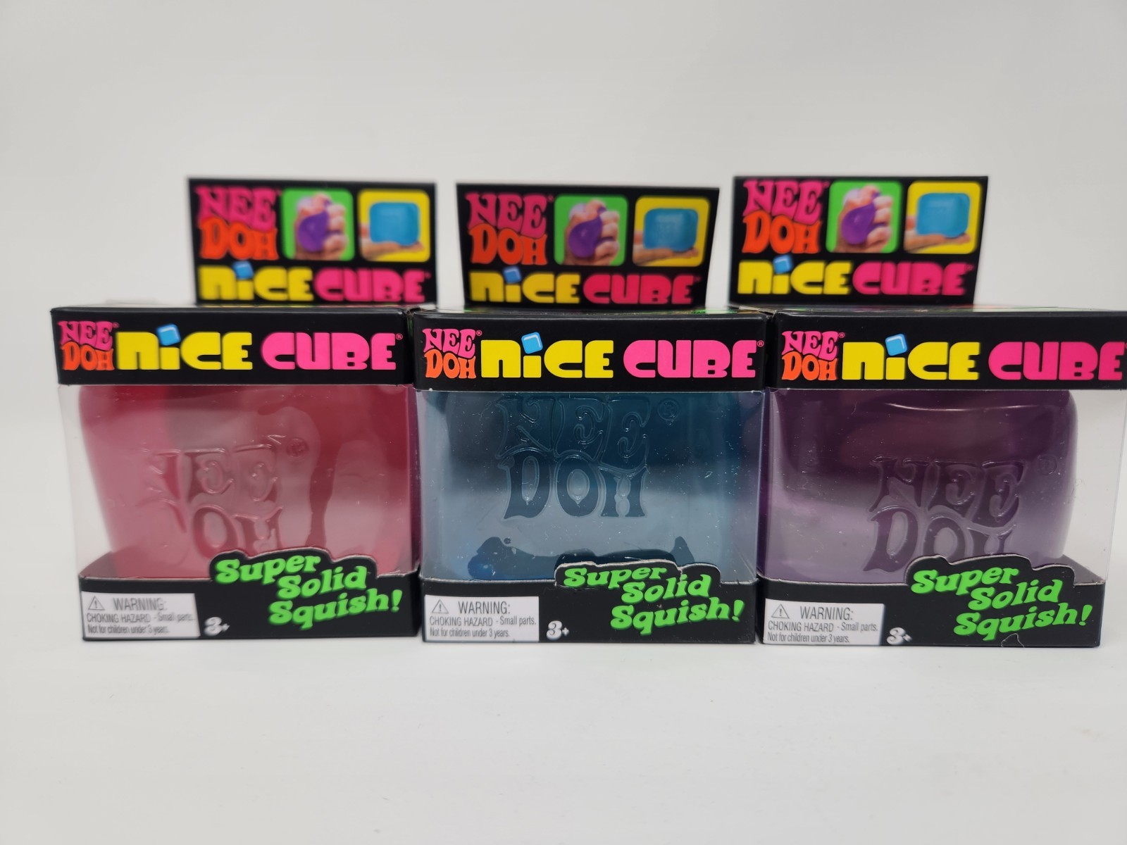 New NeeDoh Nice Cube 2.25″ Super Solid Squish 3-Pack Blue Pink & Purple Free S&H