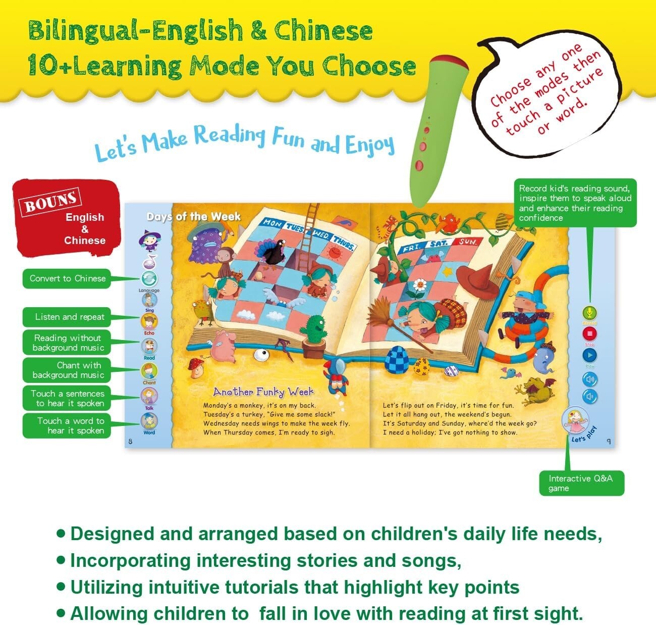 Ophaya Touch and Talk Educational toys w/ 8 Bilingual Books with Over 33 Themes